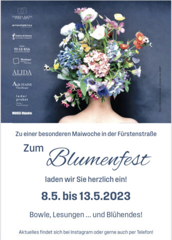 Blumenfest Fürstenstrasse München Frauenbüste von hinten mit Blumenstrauss als Haar